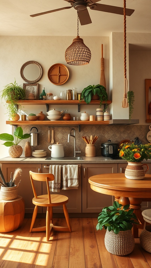 Boho kitchen featuring earthy colors, plants, and natural materials.