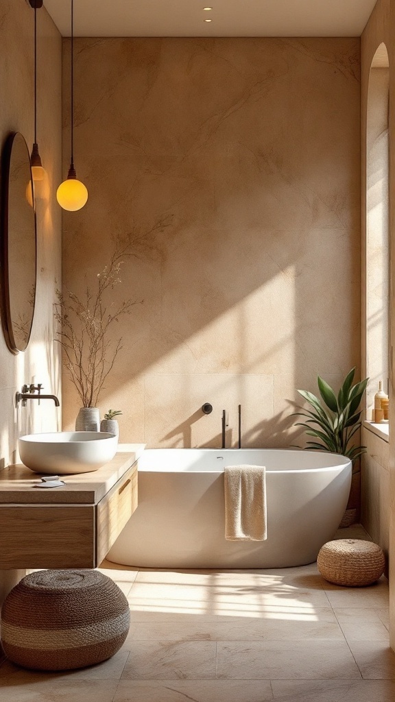 A stylish bathroom featuring an earthy color palette with soft browns and muted greens.