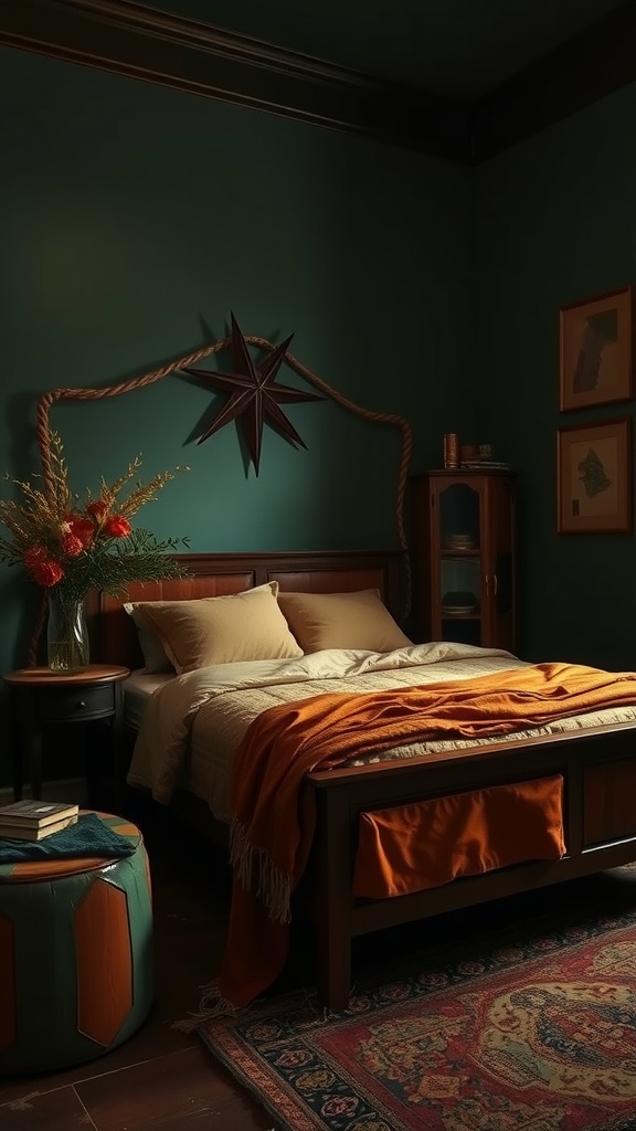 A cozy fall bedroom with earthy color palette featuring deep green walls and warm orange accents.