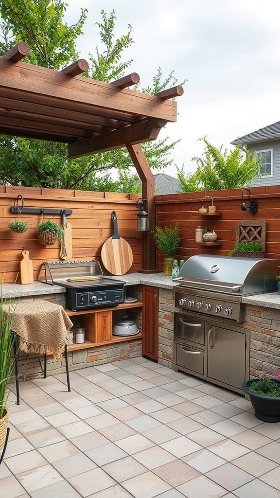 An outdoor kitchen featuring a modern design with a quartz countertop, pizza oven, built-in sink, and elegant tile flooring.