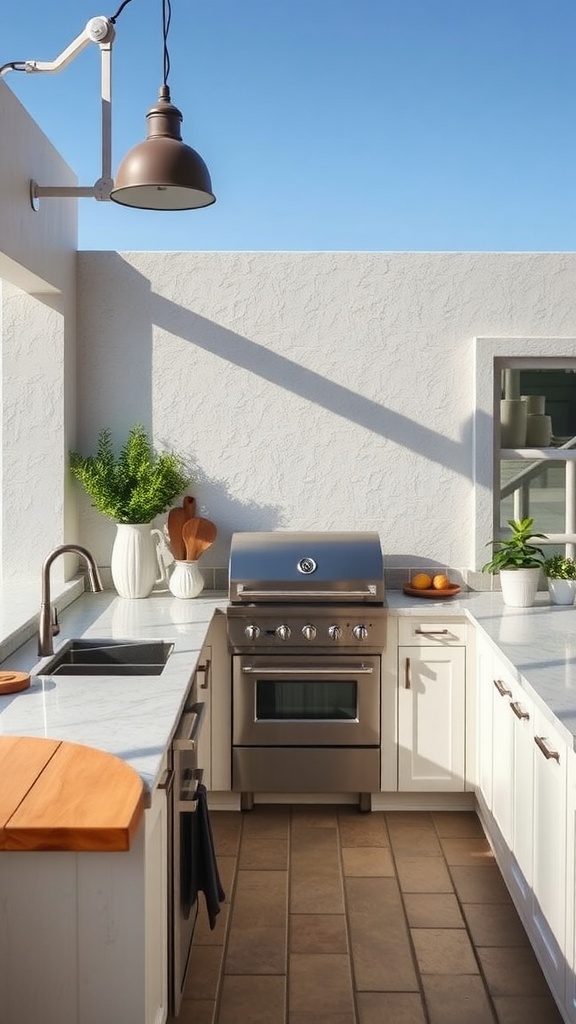 An outdoor kitchen featuring quartz countertops and tile flooring, designed for easy maintenance.