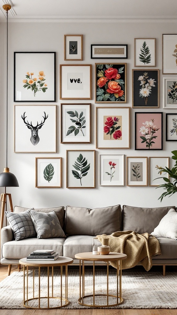 A living room with a cozy sofa, two gold side tables, and a vibrant gallery wall featuring various framed art pieces.