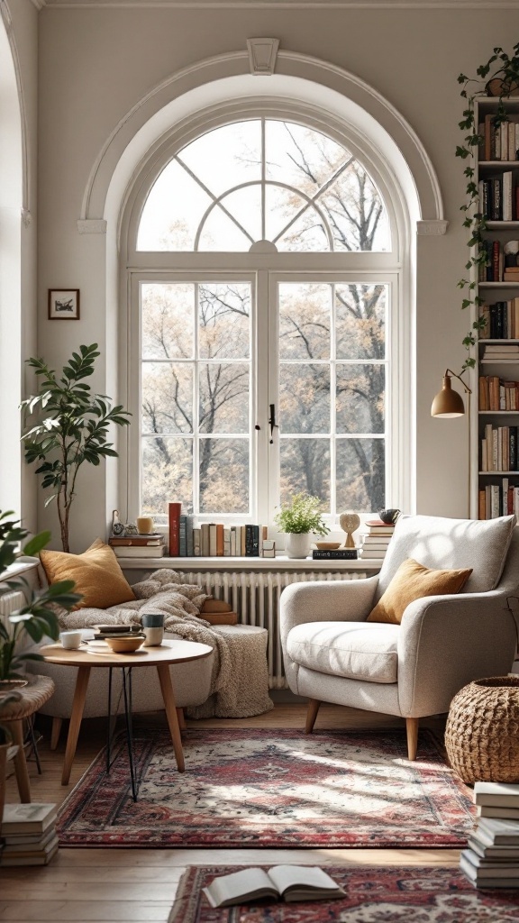 A cozy living room with a book nook featuring comfortable chairs, a table, and bookshelves.