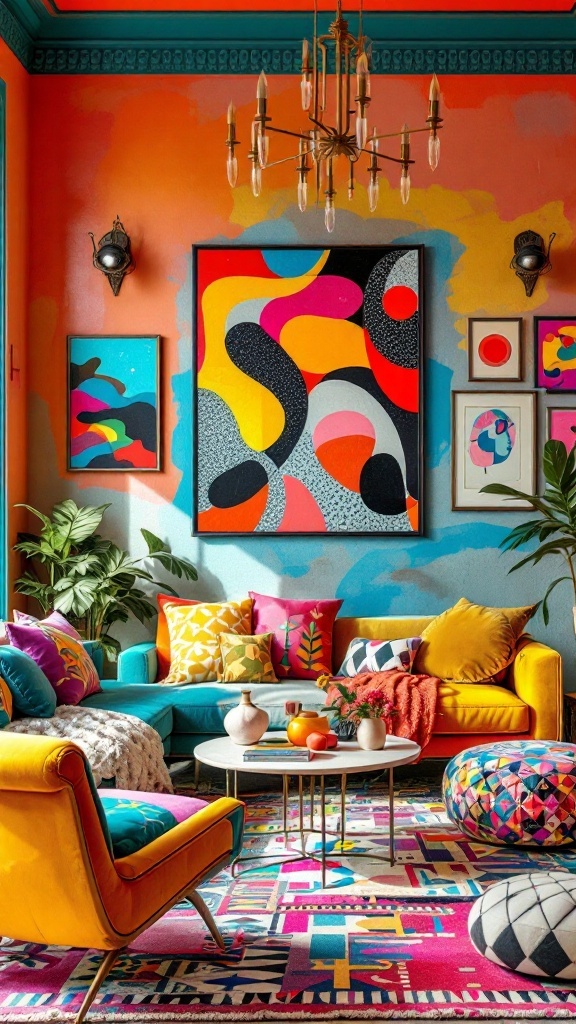 A vibrant living room featuring eclectic color combinations with yellow, pink, and blue furniture, lively artwork, and decorative pillows.