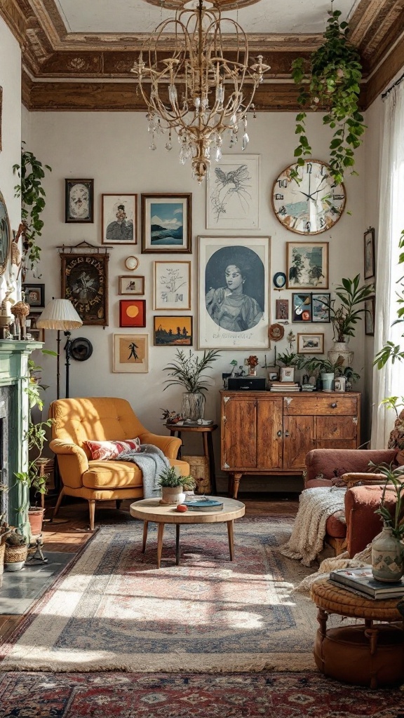 Eclectic living room with colorful furniture, diverse artwork, and plants.