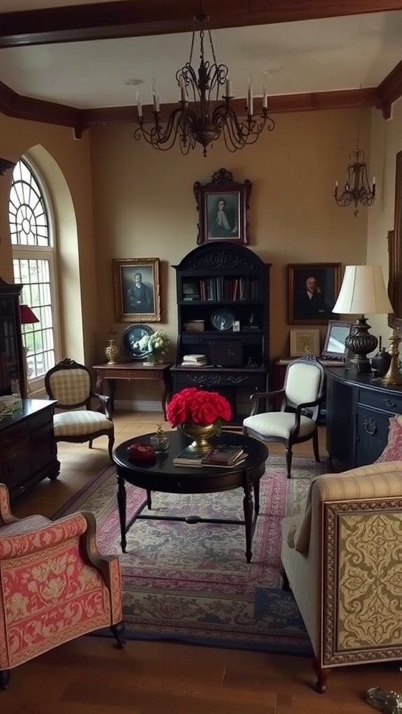 An eclectic living room with antique furnishings, featuring vintage chairs, a round coffee table, and classic paintings on the walls.