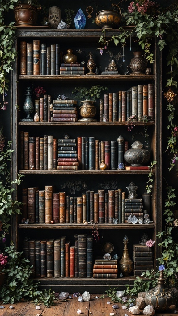 A beautifully styled eclectic shelving unit filled with books, plants, and decorative items.