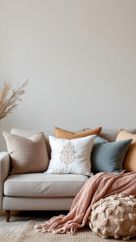 A cozy living room sofa adorned with various eclectic throw pillows and a knitted blanket.