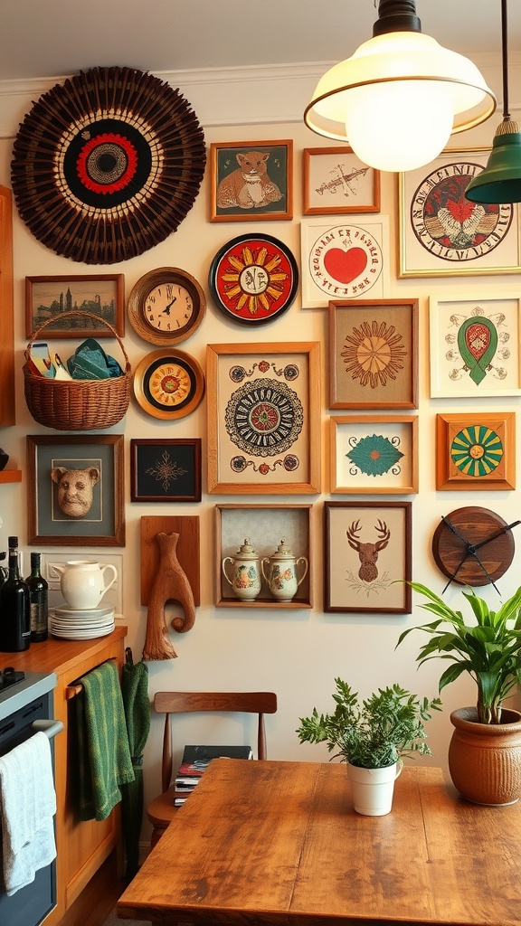 A collection of eclectic wall art in a boho kitchen, featuring various framed artworks, a woven piece, and decorative items.