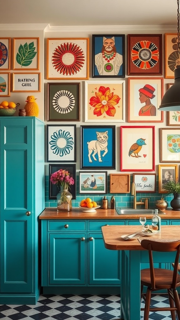 A vibrant wall art collection in a boho kitchen with colorful framed prints.