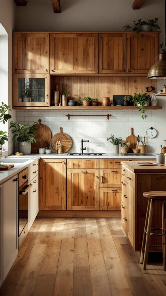 A cozy kitchen with eco-friendly wooden cabinets and plants.