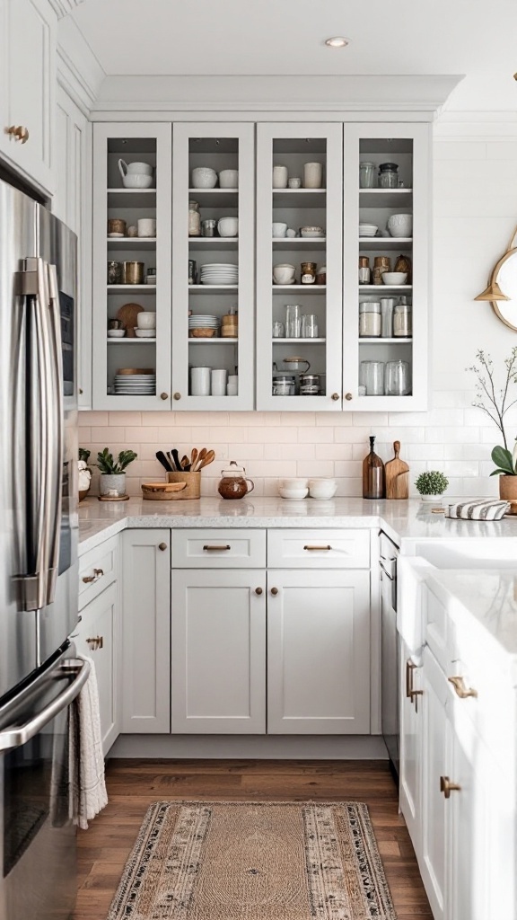 A stylish kitchen with glass-front pantry cabinets showcasing neatly arranged dishes and jars.