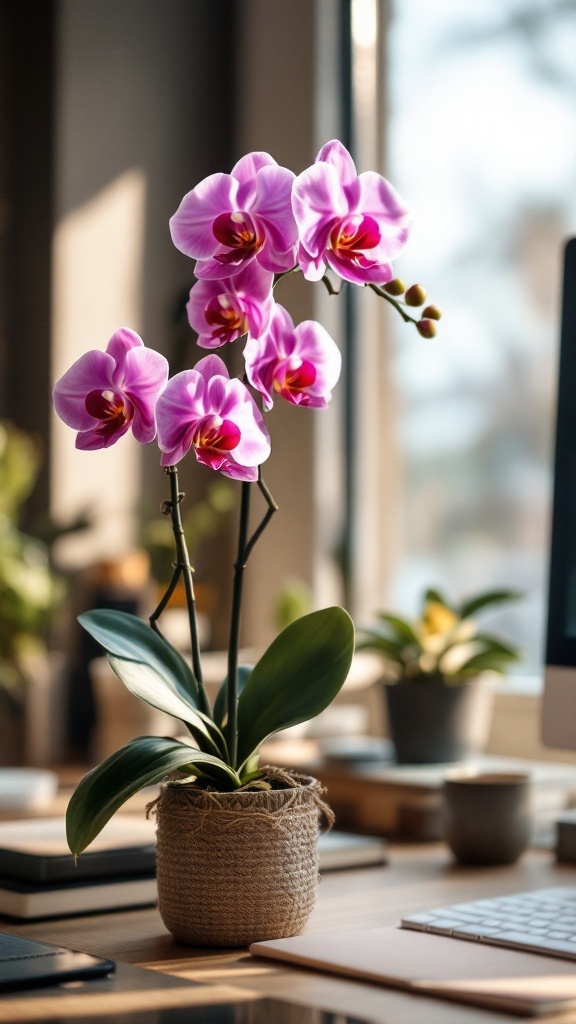 A beautiful orchid arrangement on a desk in a home office setting.