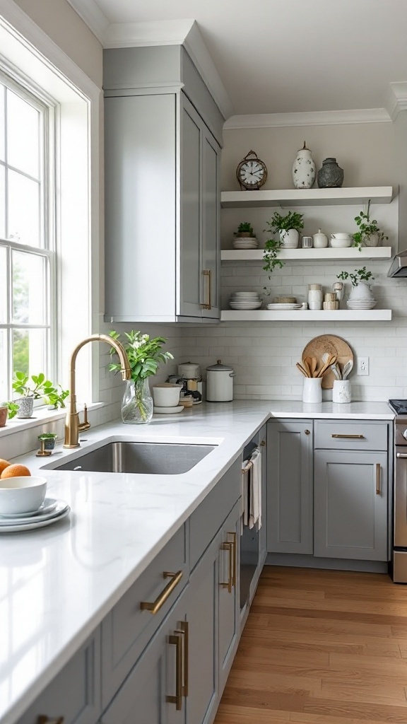 Bright farmhouse kitchen with quartz countertops and stylish cabinetry.