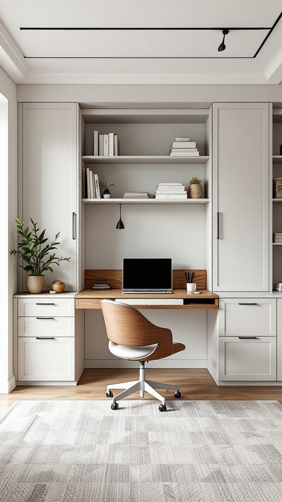 A modern Scandinavian home office featuring a built-in Murphy desk, light colors, and stylish decor.