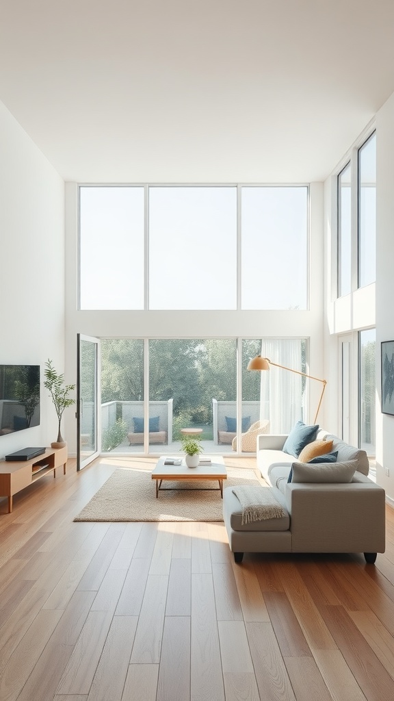 A modern minimal living room with large windows and a cozy seating arrangement.