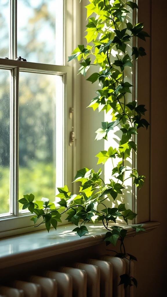 A lush English Ivy plant cascading from a window sill, bathed in warm sunlight.