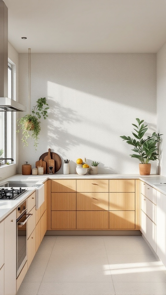 A modern kitchen with wooden cabinets and plants, showcasing an eco-friendly design.