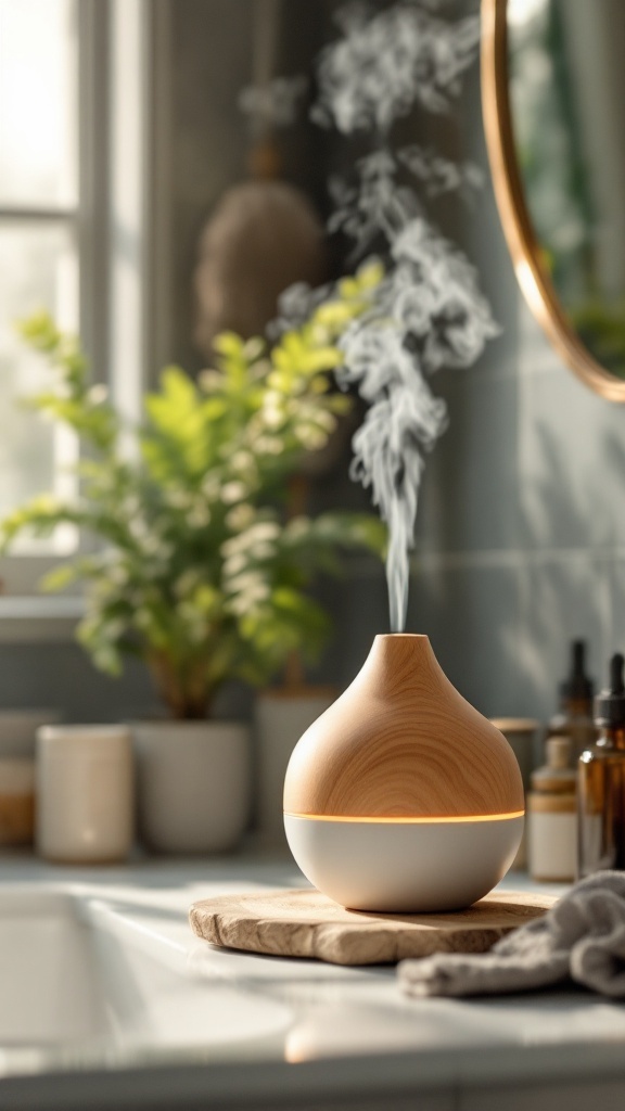 A stylish essential oil diffuser emitting steam, surrounded by plants and bathroom decor.