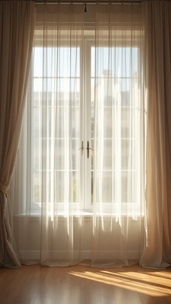 Light sheer curtains hanging in a bright room