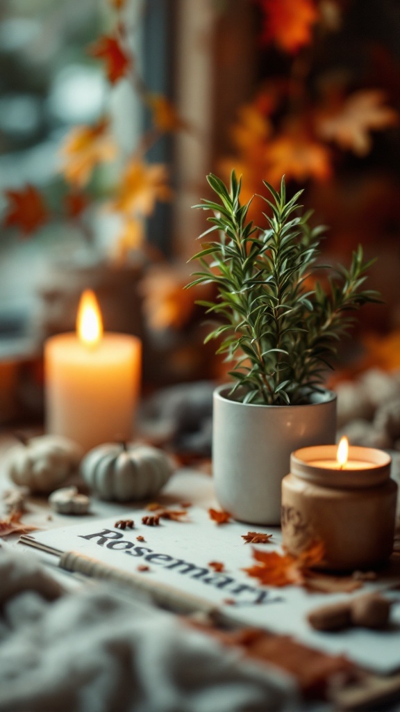 A small potted rosemary plant surrounded by candles and autumn leaves.