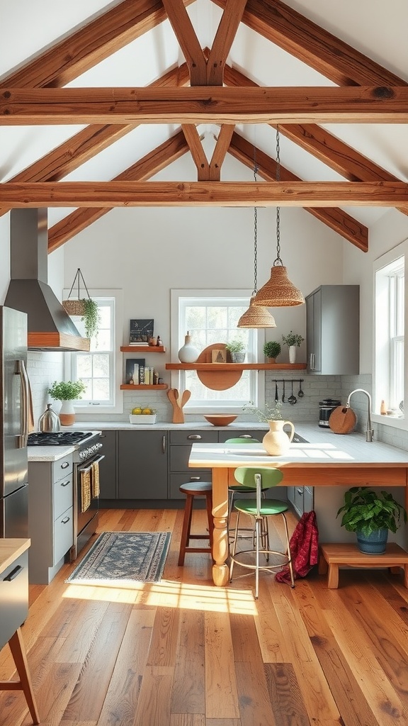 A stylish kitchen with exposed wooden beams and a cozy atmosphere.