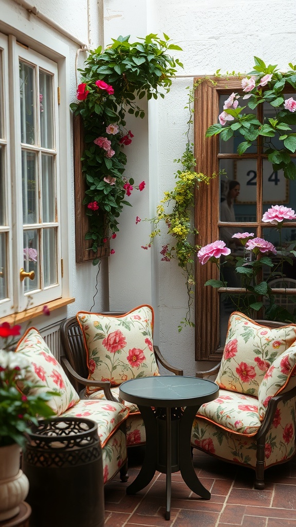 A cozy patio setting with faded floral print cushions and surrounding greenery.