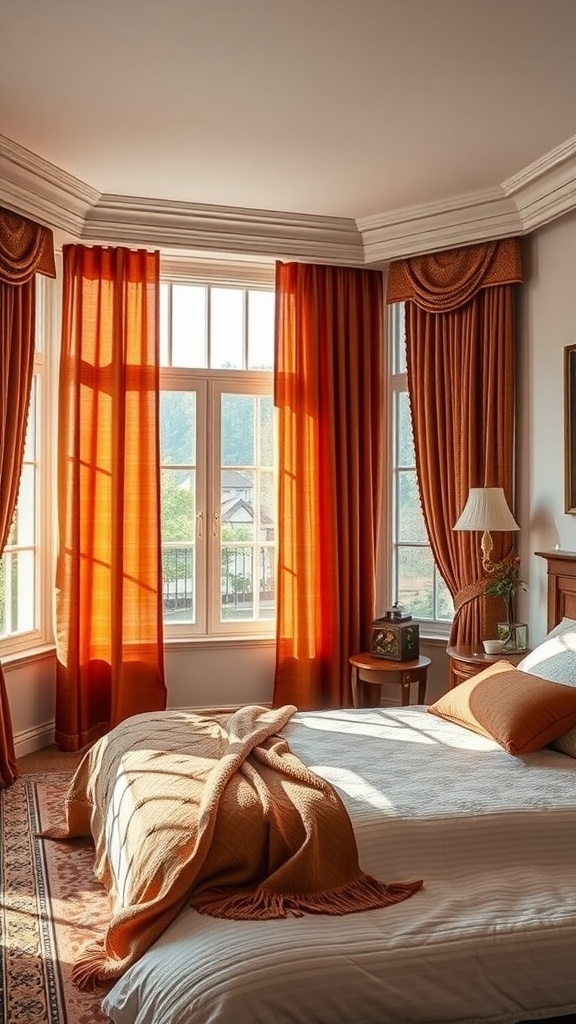 A bedroom with rich orange curtains and a cozy blanket on the bed, showcasing fall-inspired decor.