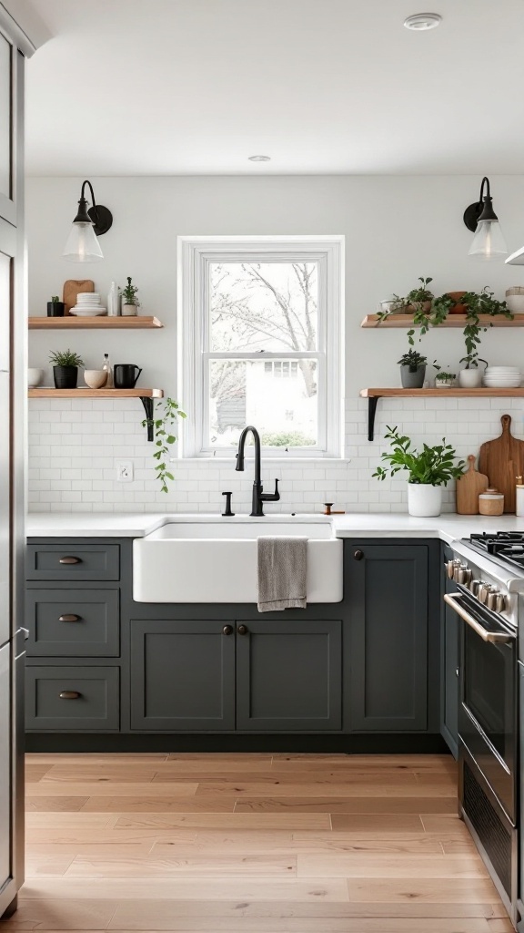 A modern kitchen featuring a farmhouse sink with dark cabinetry, natural wood flooring, and hanging shelves.