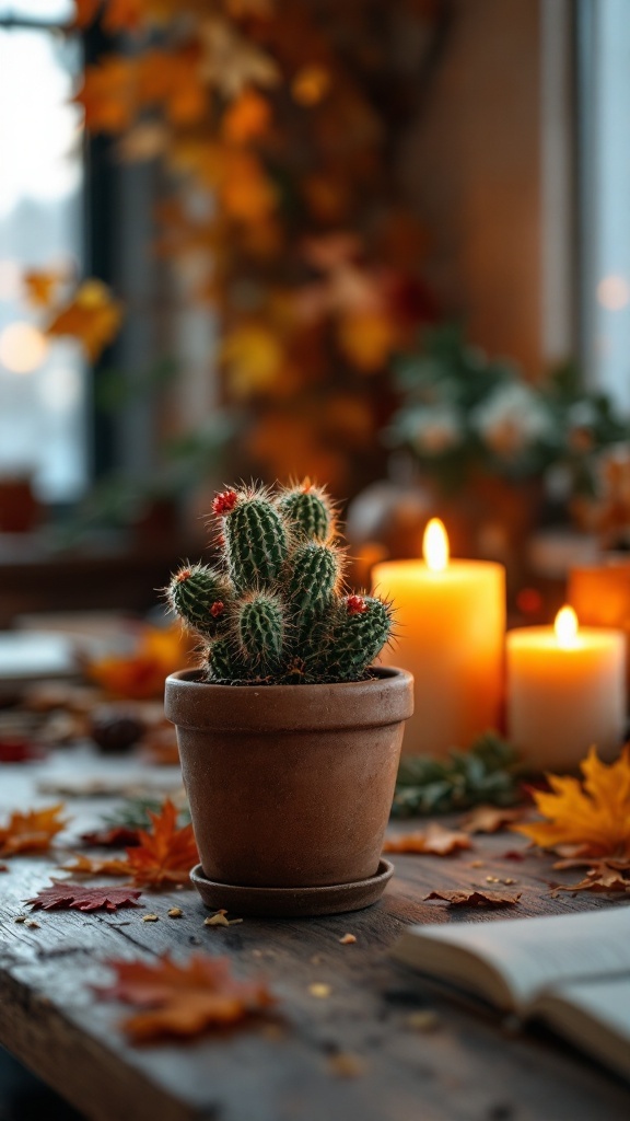 A small festive holiday cactus in a pot surrounded by autumn leaves and candles.