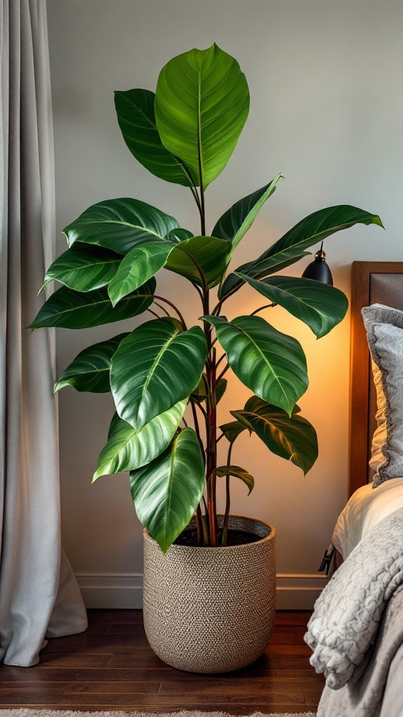 A Ficus Lyrata plant with large textured leaves in a decorative pot next to a bed.