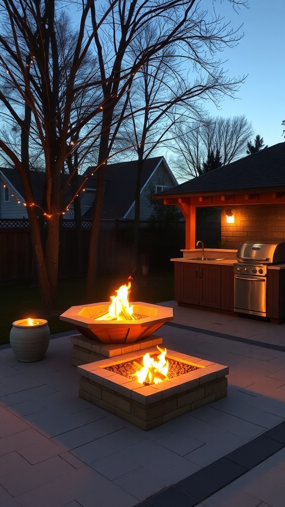 A fire pit adjacent to an outdoor kitchen with a sleek modern layout.