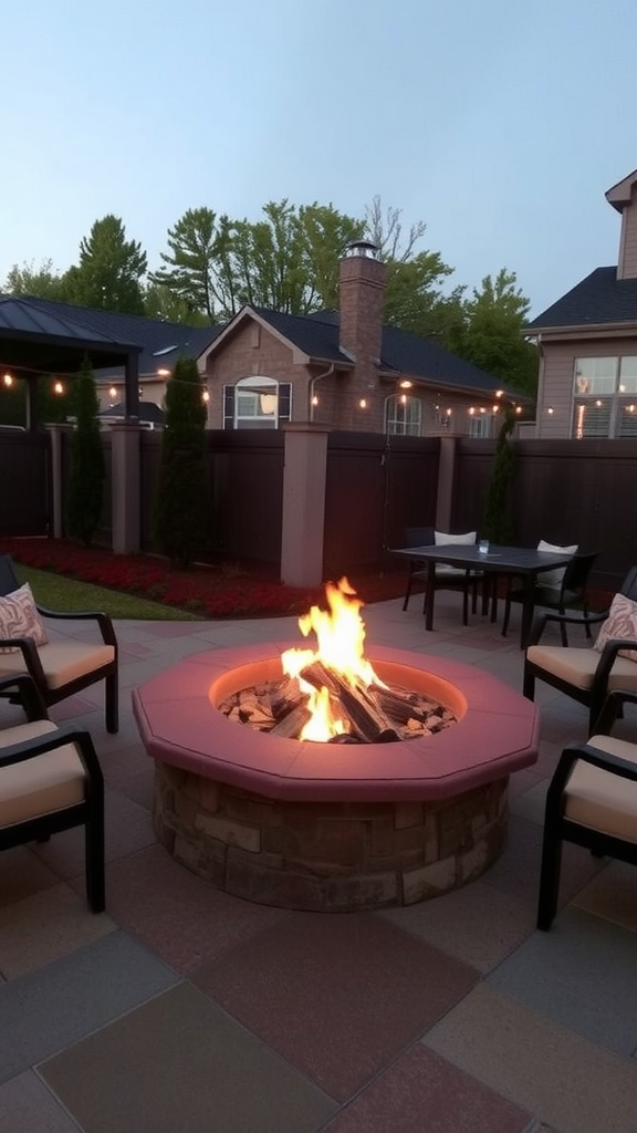 A cozy patio featuring a circular stone fire pit surrounded by comfortable chairs.