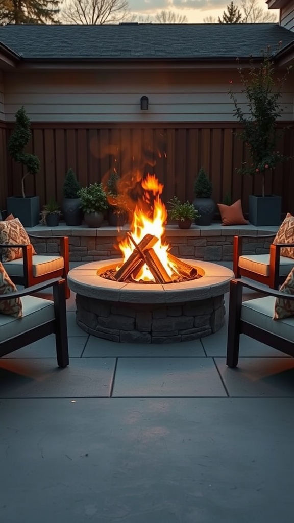 A cozy fire pit surrounded by chairs, perfect for gatherings.