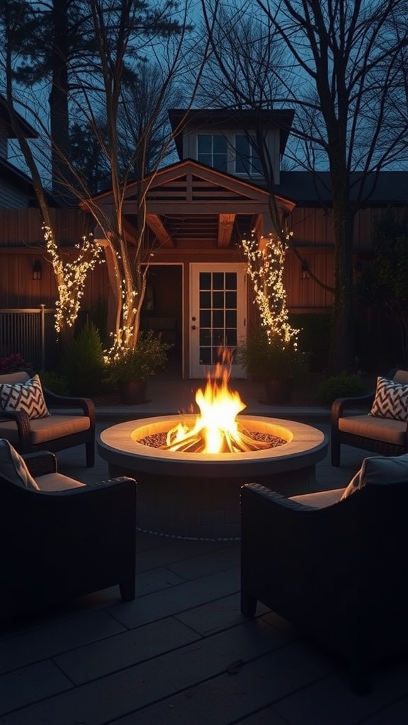 Fire pit surrounded by cozy chairs with ambient lighting from string lights in trees