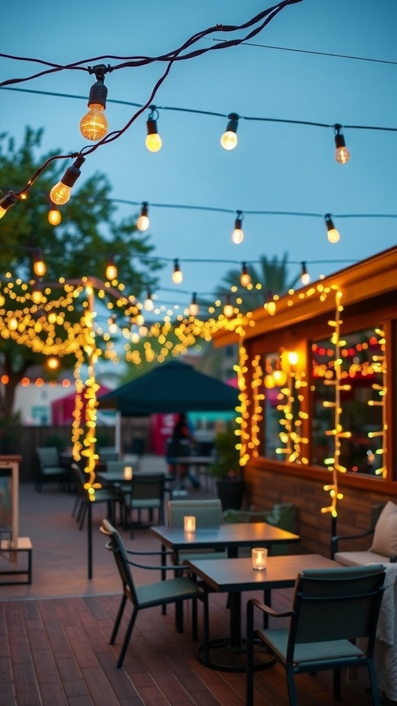 Patio with firefly-inspired string lights creating a warm glow