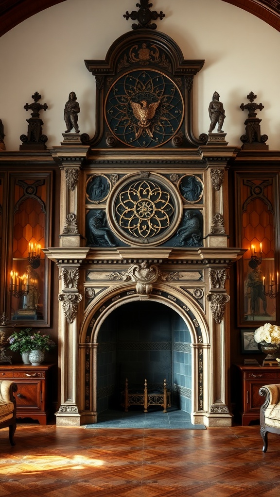 Ornate gothic fireplace with intricate carvings and dark accents.