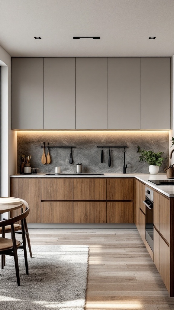 A modern kitchen featuring floating cabinets and wooden accents.