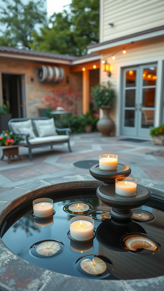 A serene patio scene featuring floating candles in a water bowl, enhancing the outdoor space.