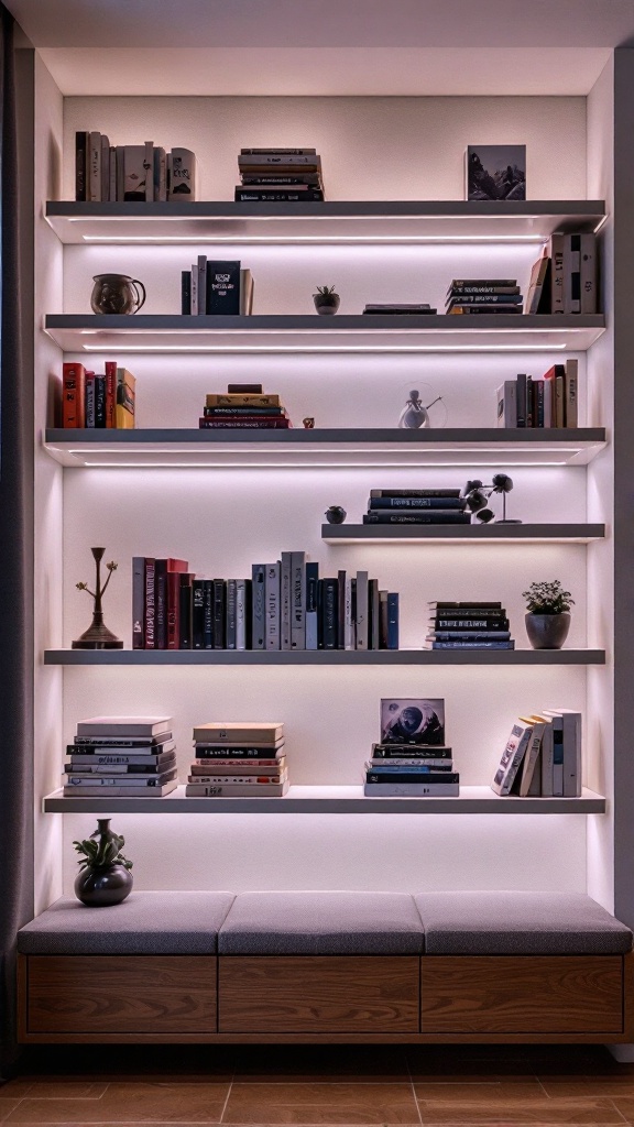 A stylish arrangement of floating shelves with soft lighting, featuring books and decorative items.