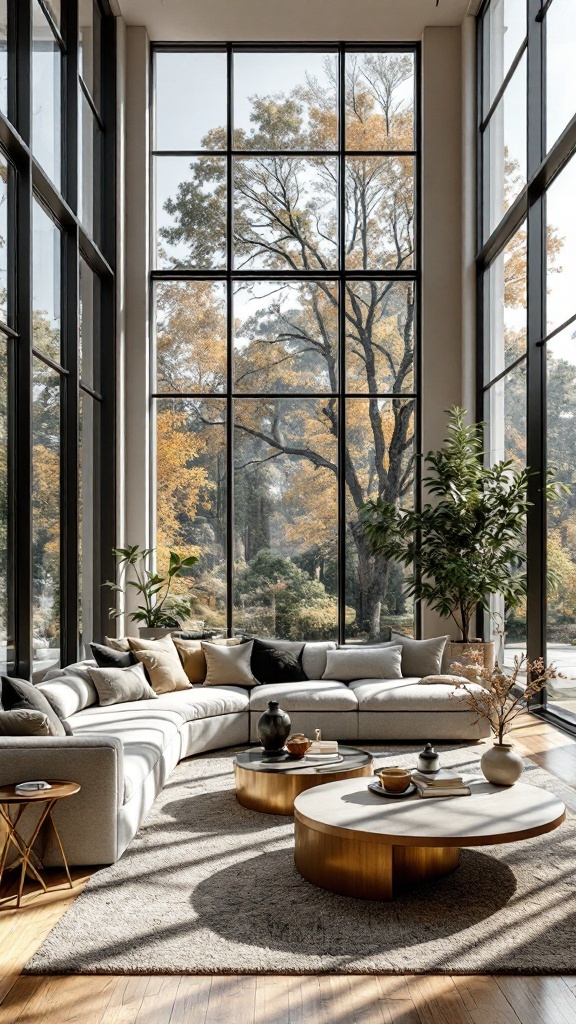 A modern living room featuring floor-to-ceiling windows, a cozy sectional sofa, and a stylish coffee table.