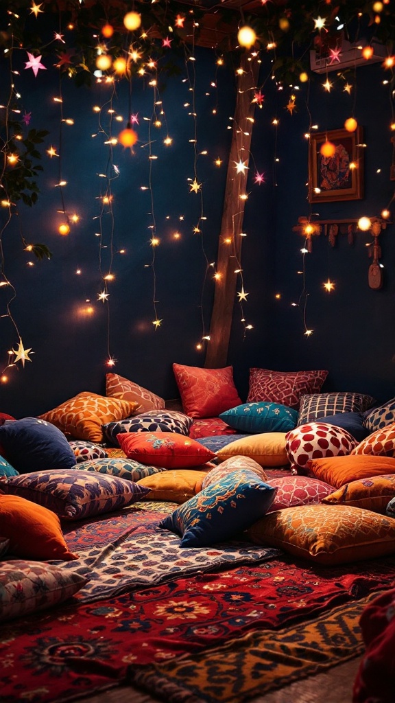 A cozy room filled with colorful floor cushions and strings of fairy lights hanging from the ceiling.