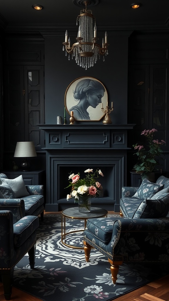 A gothic living room featuring floral patterned furniture and dark decor.