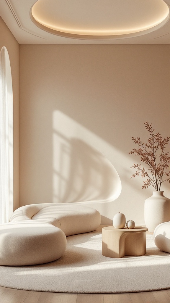 A cozy living room featuring curved furniture and soft tones.