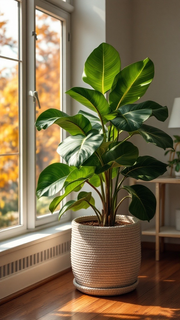 A Fiddle Leaf Fig plant in a cozy home office setting with autumn light.