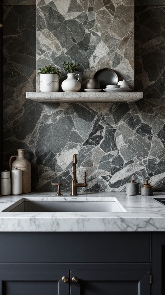 A kitchen featuring a fossilized slate backsplash with earthy tones and textures.