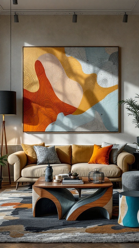 A stylish living room featuring a large abstract painting, a comfortable sofa with colorful cushions, and an artistic coffee table.