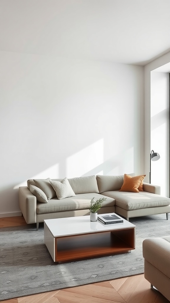 A modern minimal neutral living room featuring a beige sofa, a wooden coffee table, and a simple rug.