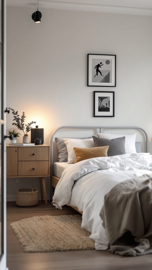 A cozy Scandinavian bedroom showcasing a bed with simple decor and functional furniture.