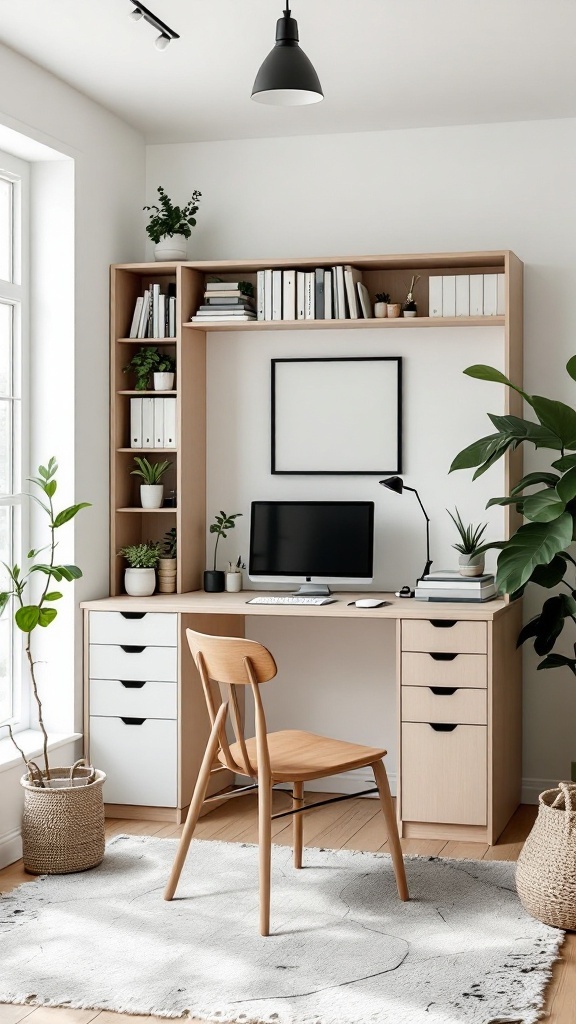 Scandinavian home office with a built-in Murphy desk and greenery